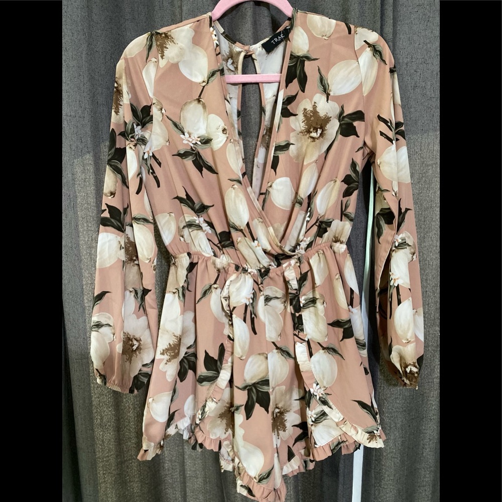 Trac Peach White & Green Floral Romper